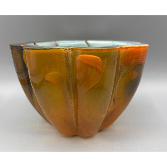 Vtg Vitrocolor Recycled Glass Candle Holder Scalloped Multicolor Swirl - Picture 4 of 7